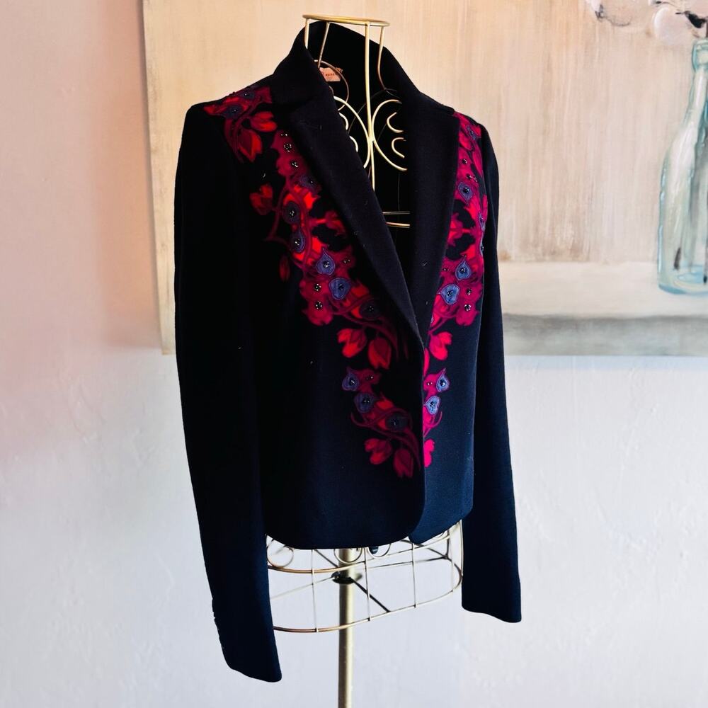Tory Burch Navy Wool Blend Embroidered Floral Beaded Blazer Jacket XS